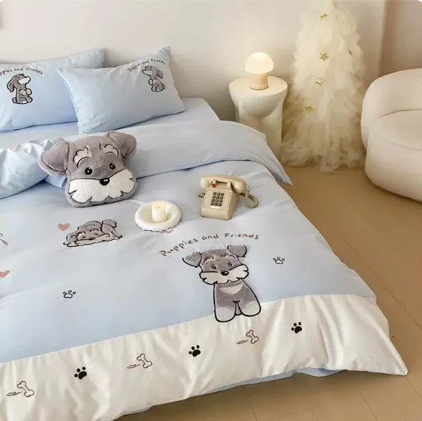 Schnauzer cartoon pattern bedding set with embroidered dog design on thickened cotton