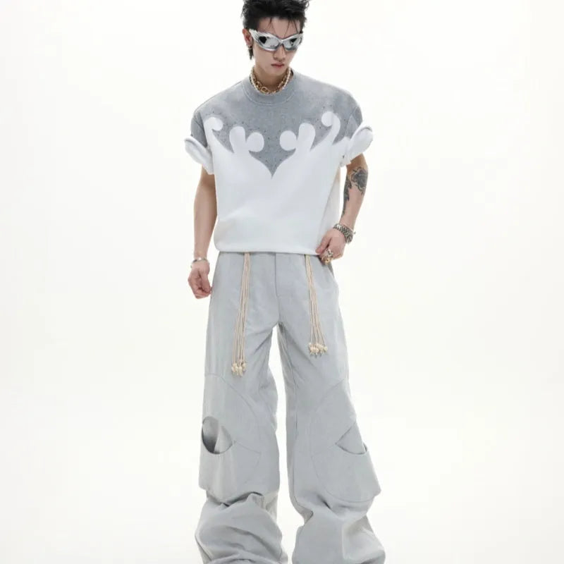 Men's grey cotton t-shirt with three-dimensional stitching and burnt flower rhinestone design on front