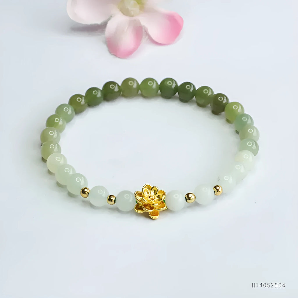 Hand-woven Hetian jade bracelet with clear water gradient colour and flower design