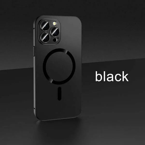 Aluminium alloy frame iPhone protective case with magnetic suction function shown in dark purple colour