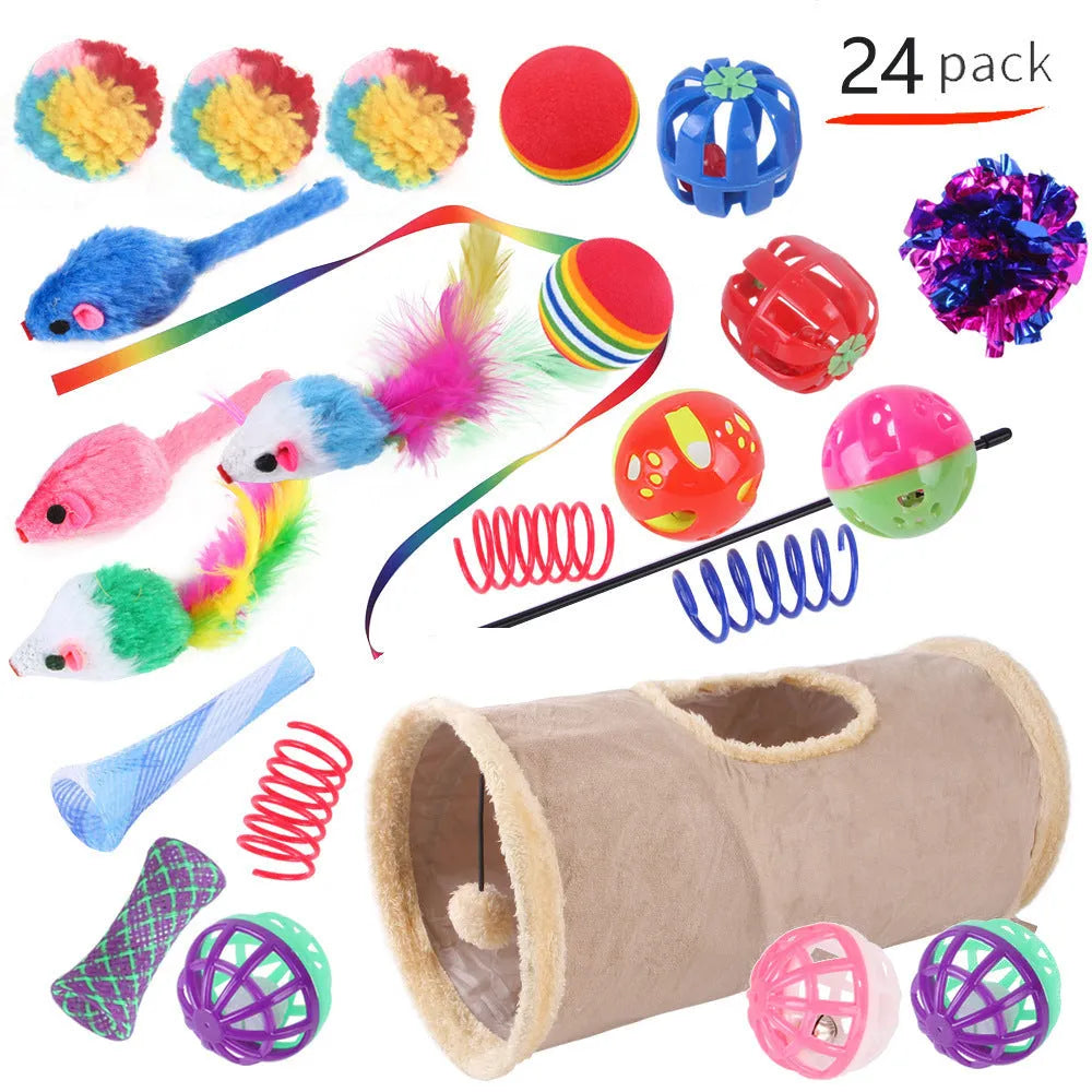 Plastic cat toy channel maze set with coloured accessories for feline play