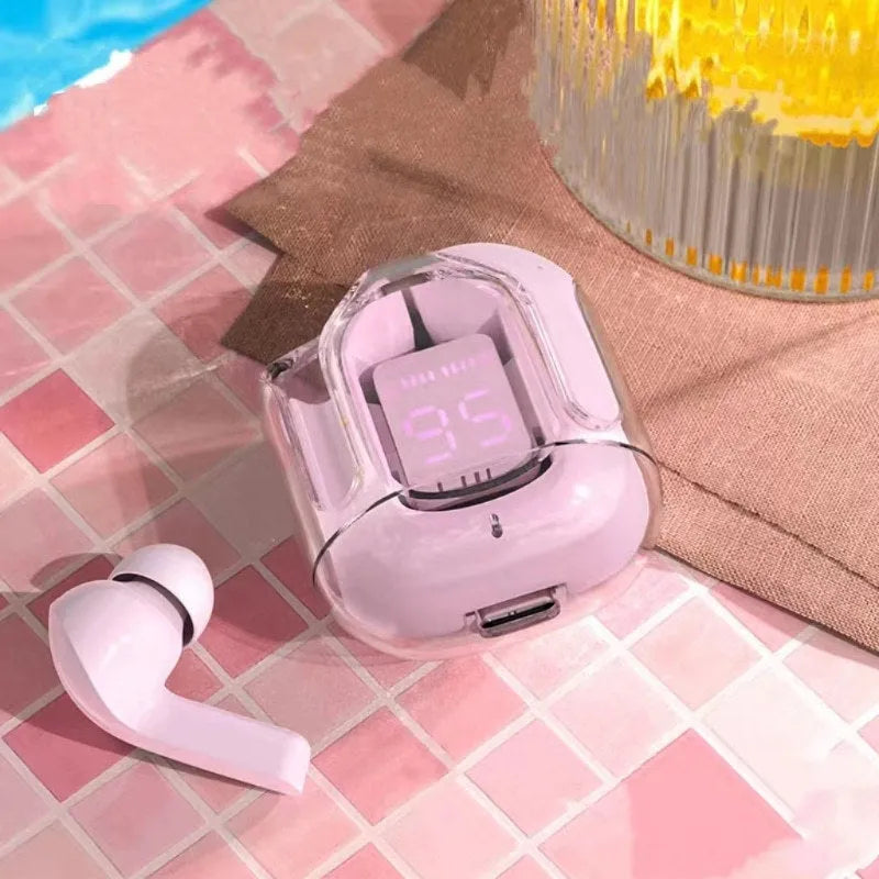 Jerry chip true wireless Bluetooth headphones in a transparent space capsule case, colour options shown
