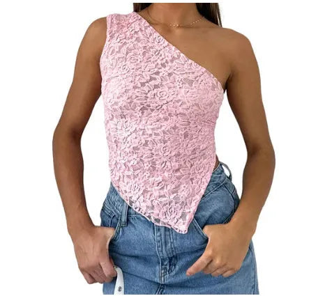 Women's sleeveless lace backless top with asymmetrical neckline in a solid colour.