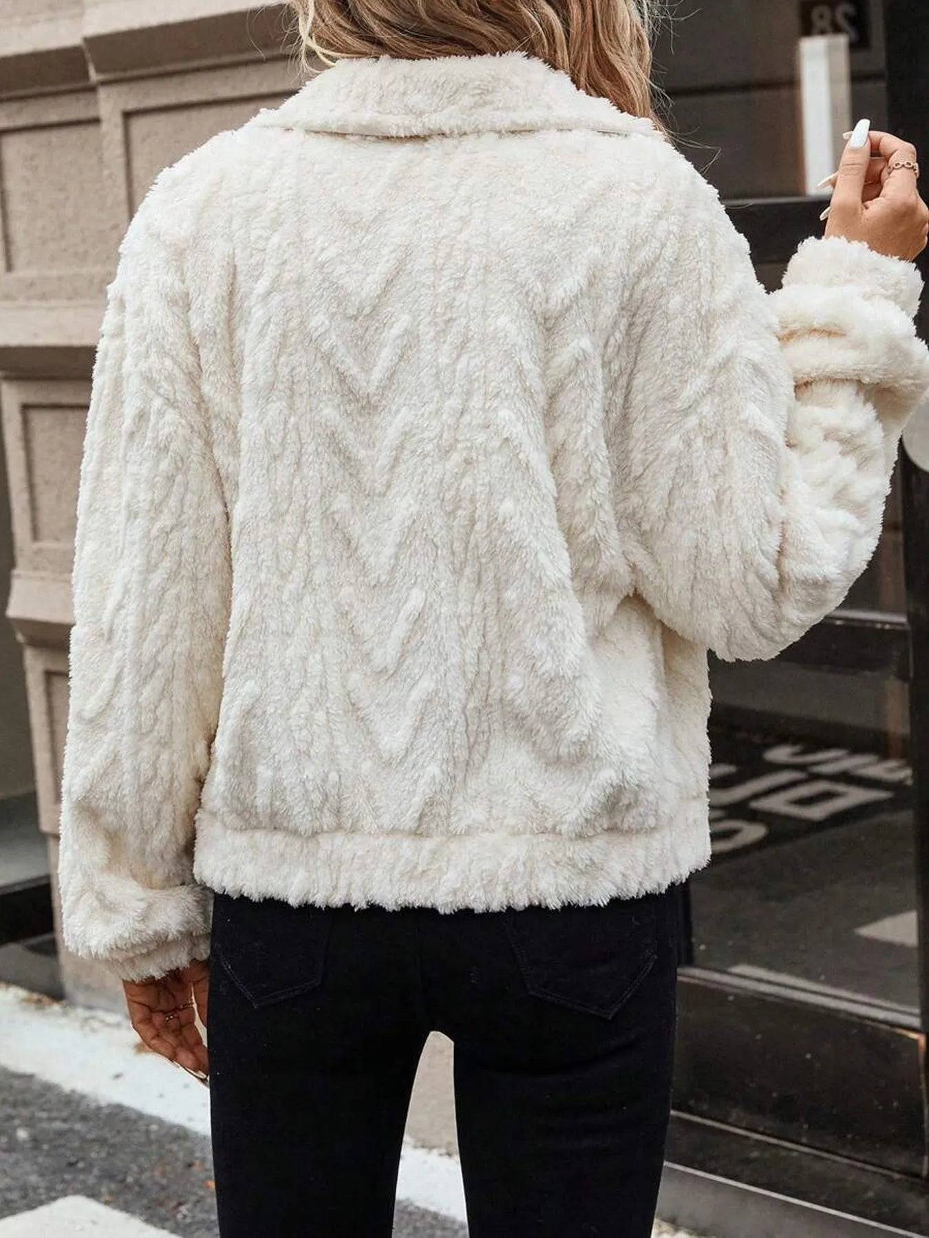 Women's ivory white double-sided plush button cardigan top coat with regular long sleeves