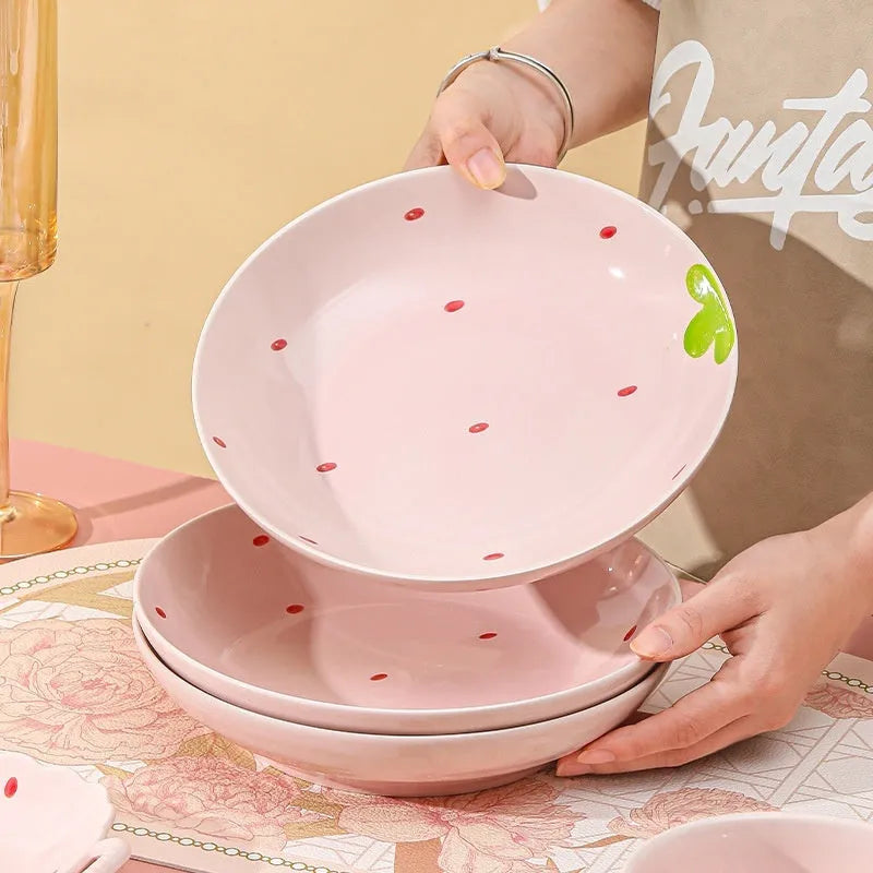 Cute strawberry themed porcelain dinnerware set with bowls, plates and spoon