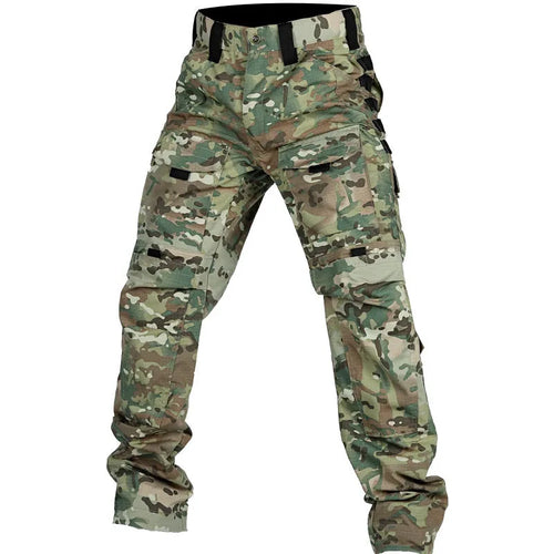 Men's camouflage trousers with multi-functional pockets, wear-resistant fabric, in CP camouflage colour on adult male model