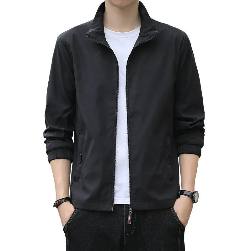 Korean style loose lapel autumn jacket for men in black with zipper pockets