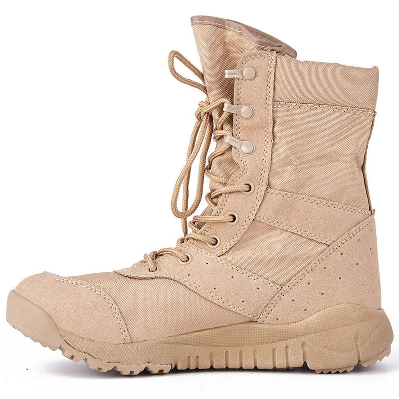 Yulong tactical desert combat boots in black and sand colour for outdoor activities.