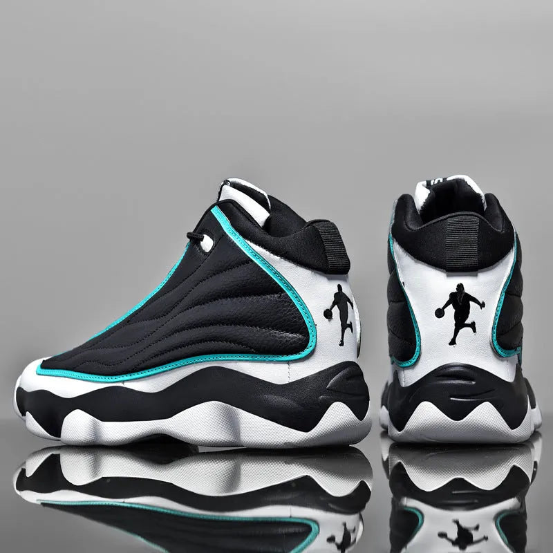 Men's high-top basketball shoes with mesh upper and thick rubber sole in AJ13 colour options.