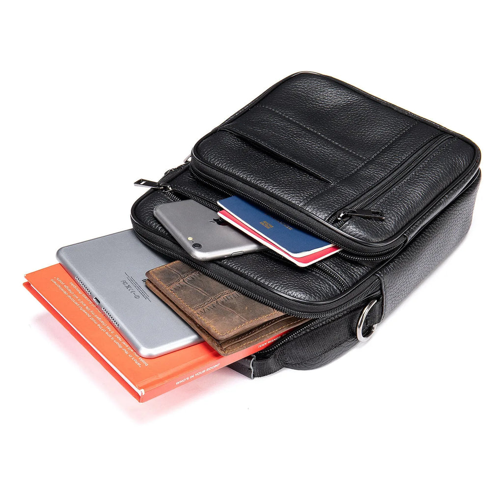 Men's vintage style genuine leather shoulder bag in a square shape with multiple internal pockets.