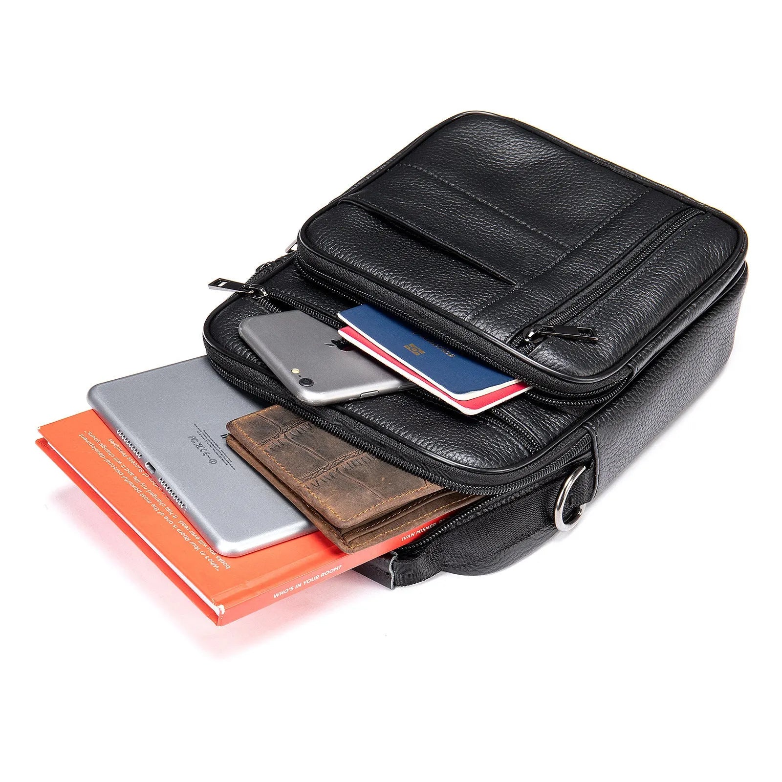 Men's vintage style genuine leather shoulder bag in a square shape with multiple internal pockets.