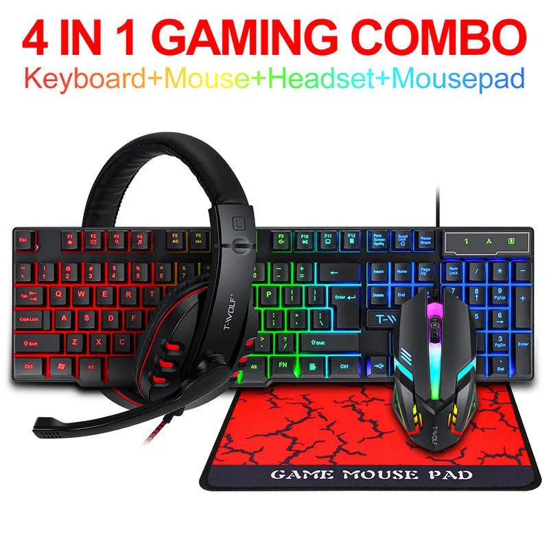Thunder Wolf T800 gaming keyboard and mouse set with headset and mouse pad on desk