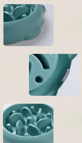 Green PP plastic slow feeder bowl for dogs with bone-shaped obstacles inside