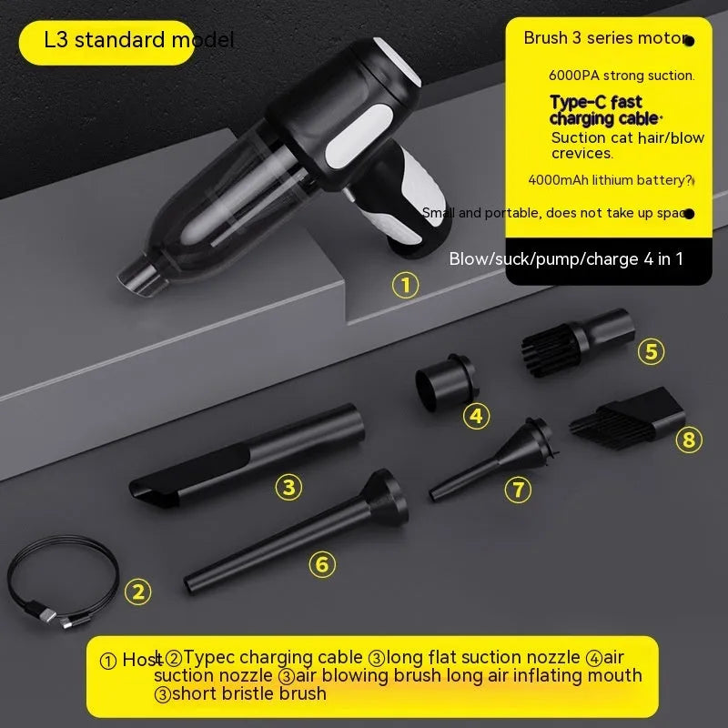 Standard Black car wireless handheld vacuum cleaner with 6KPa suction, 4000mAh battery, and Type-C port