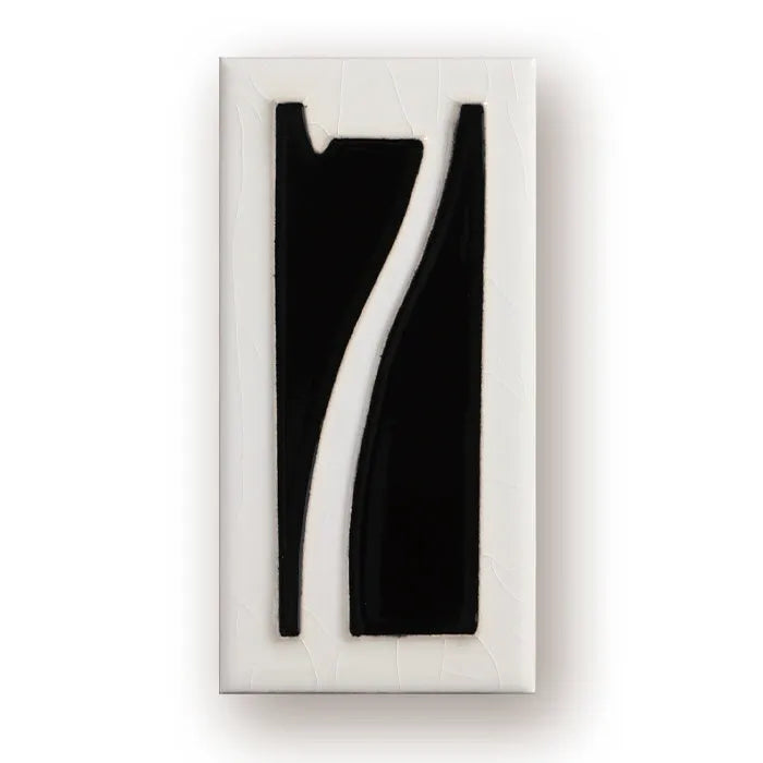 Handmade retro-style ceramic doorplate with a white enamel background and a raised black number 5, shown at 76mm by 152mm.