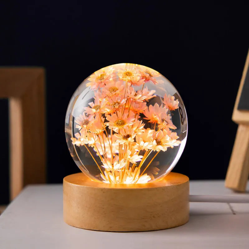3D dandelion crystal ball night light on a beech wood stand, USB powered desktop ornament.