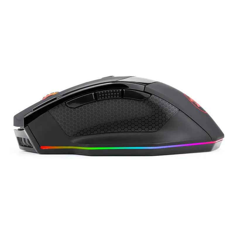 Black Redragon M801P dual-mode wireless and wired gaming mouse on a desk