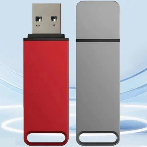 Metal USB flash drive in black, red, or silver with custom graphic printing option.
