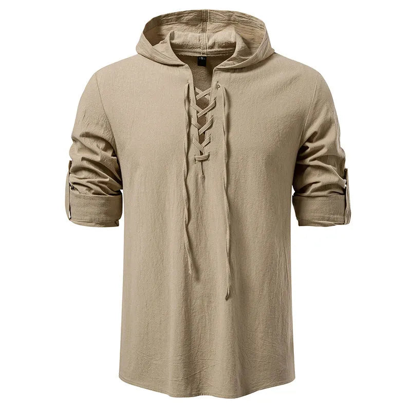 Men's cotton-linen long sleeve shirt with medieval pirate drawstring in khaki colour, slim fit, front view