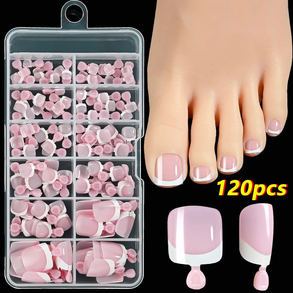 Open box showing 120 French white tip nude square false toe nails in assorted shades.