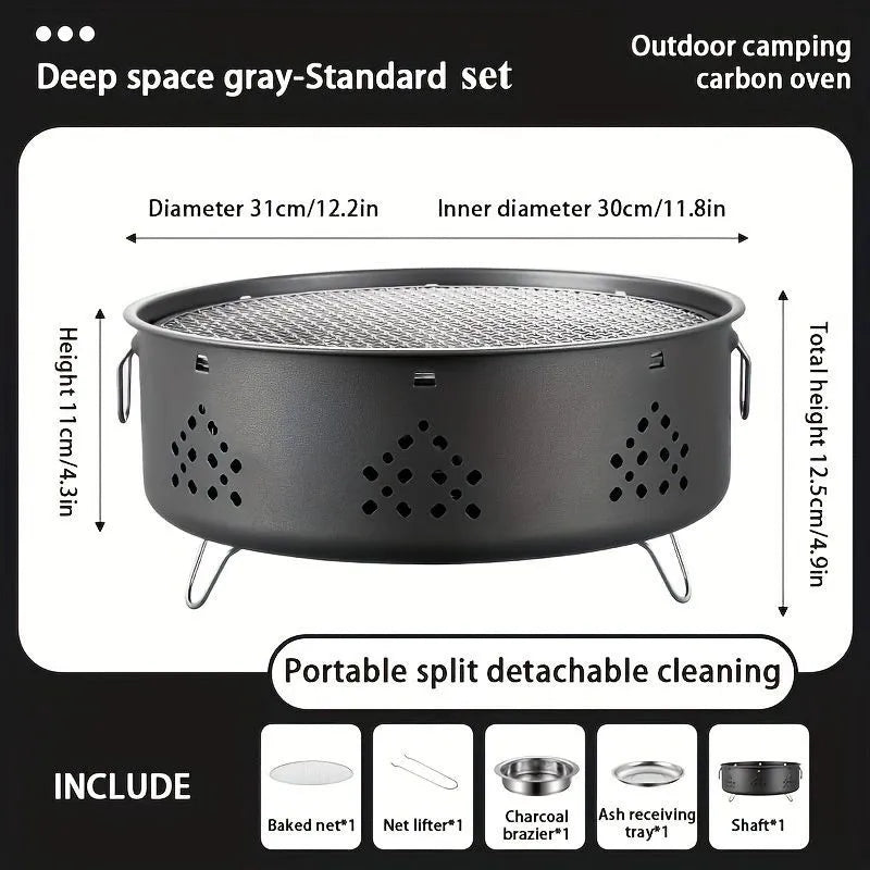 Portable stainless steel BBQ grill with detachable parts and storage bag, shown in grey colour.