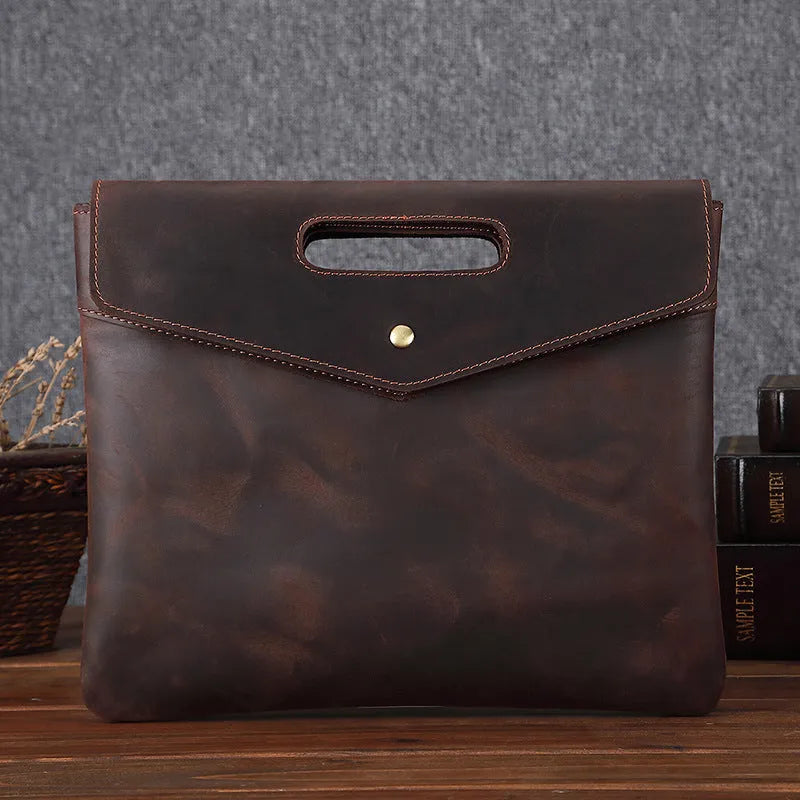Genuine leather men's vintage business briefcase in brown envelope shape with wrapped closure