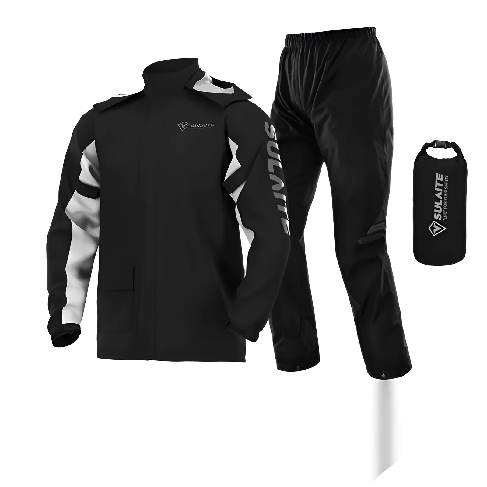 Adult motorcycle rain suit set with raincoat, rain pants, hidden shoe covers, and storage bag