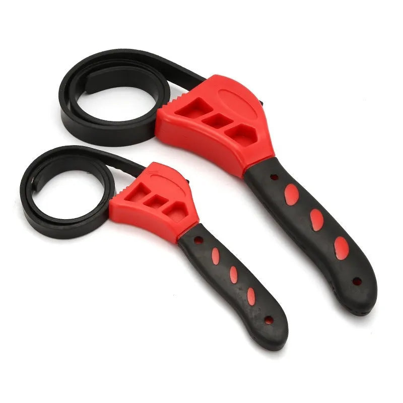 A 6-inch and 8-inch adjustable rubber strap wrench set with a black rubber strap and plastic handle.