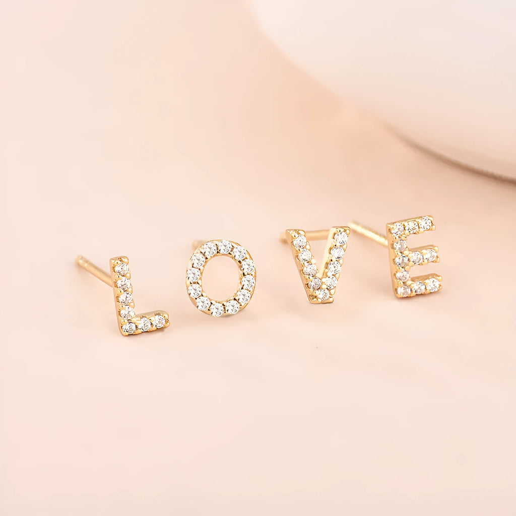 Brass gold plated English alphabet letter zircon earrings showing single letter design