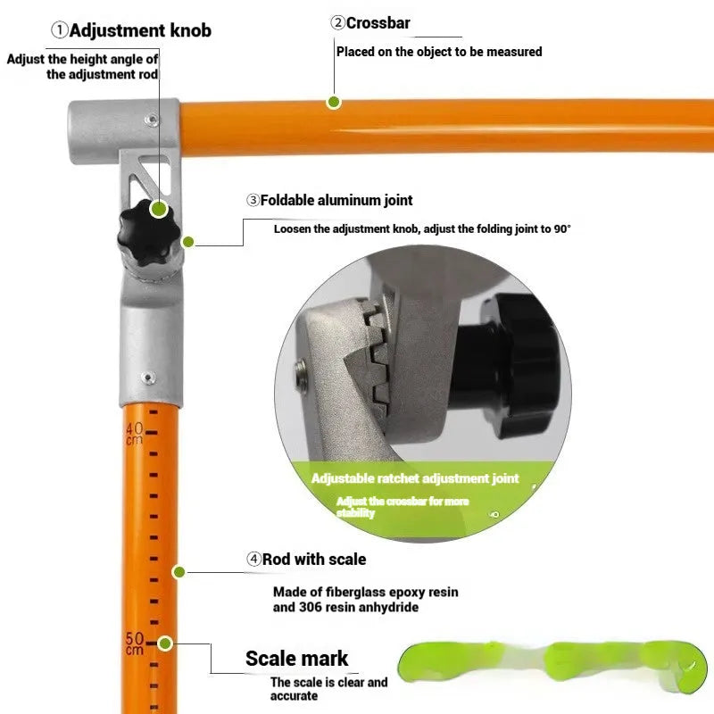 Telescopic cargo truck height measuring rod extended vertically, showing clear measurement scales on a glass fibre pole.