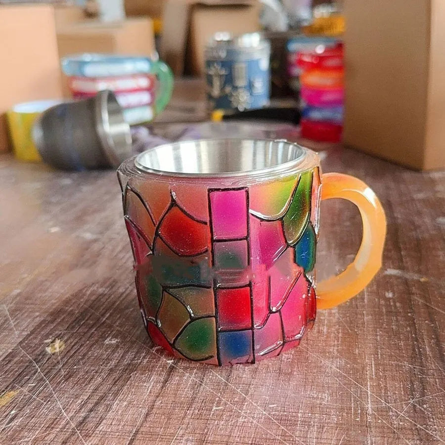 Resin craft coffee cup with painted bookmark decoration, synthetic resin construction