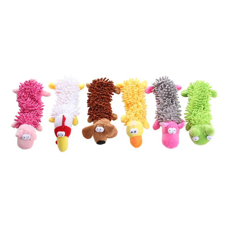 Plush microfiber molar dog toy in six animal designs including brown dog, yellow duck, and pink pig