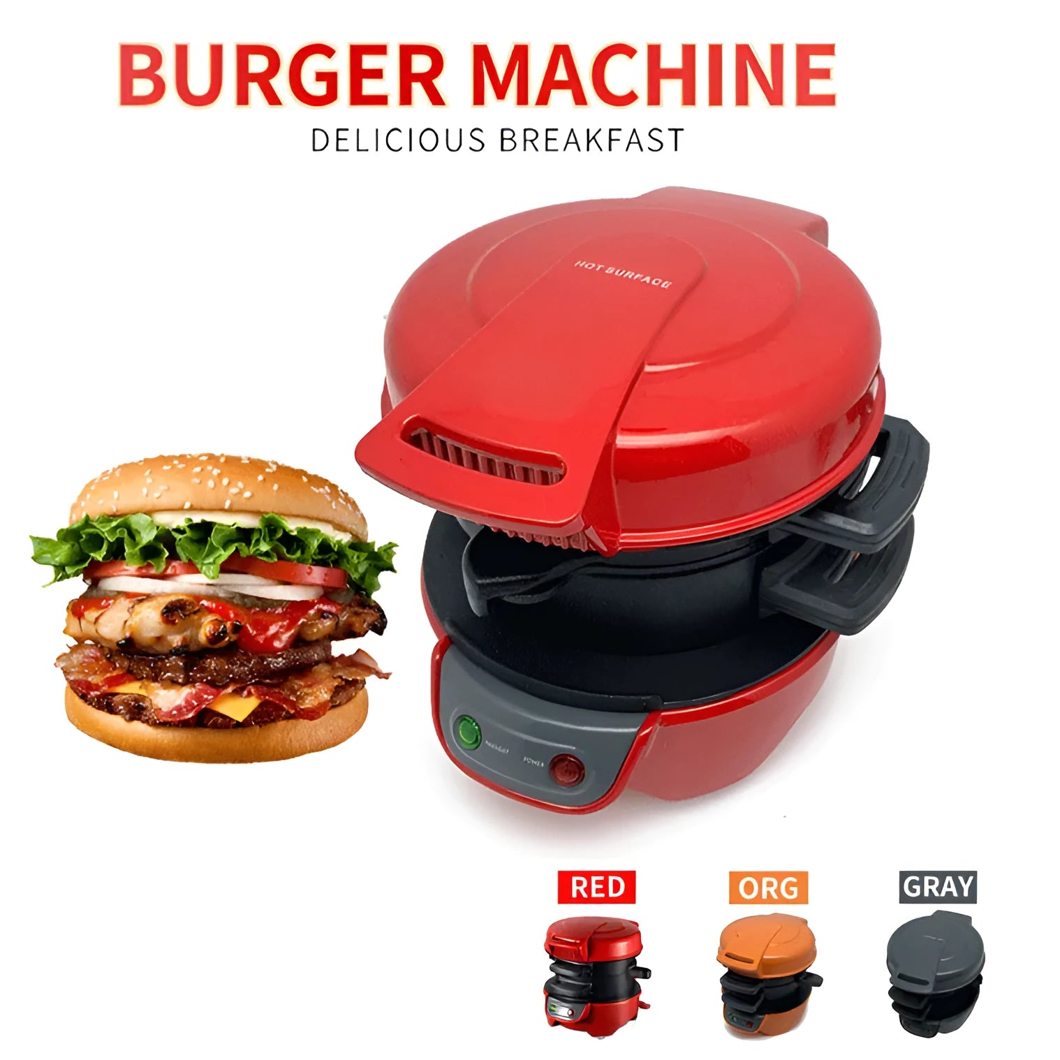750W multi-function breakfast machine with sandwich maker and egg cooker in red, orange, or grey