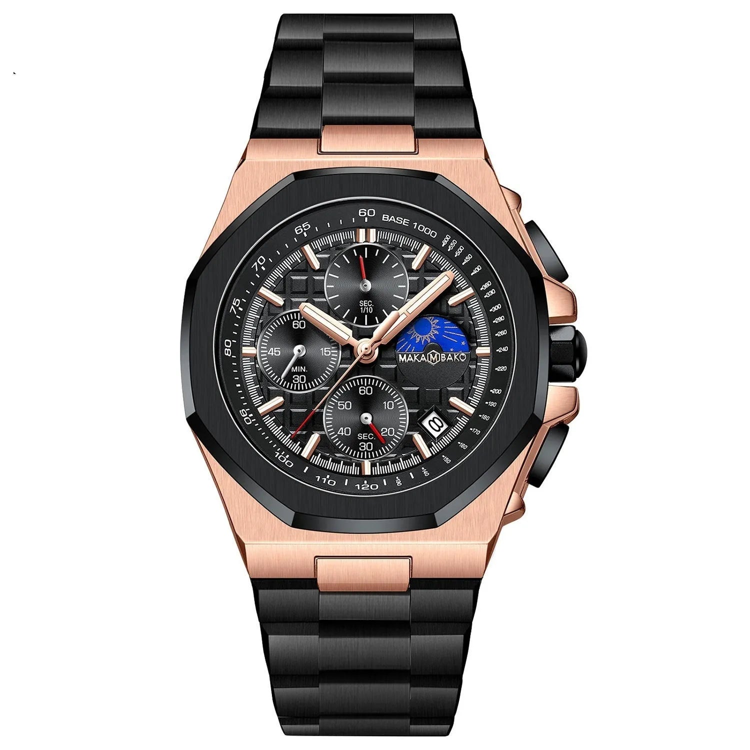 Sun Moon Star multi-function waterproof watch for men quartz mineral glass stainless steel buckle 12mm