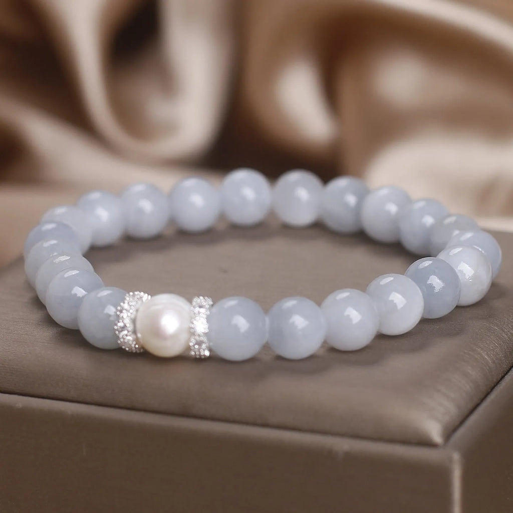 Natural aquamarine bracelet with white sweet clear beads and navy blue pearl accents, handcrafted national style for women