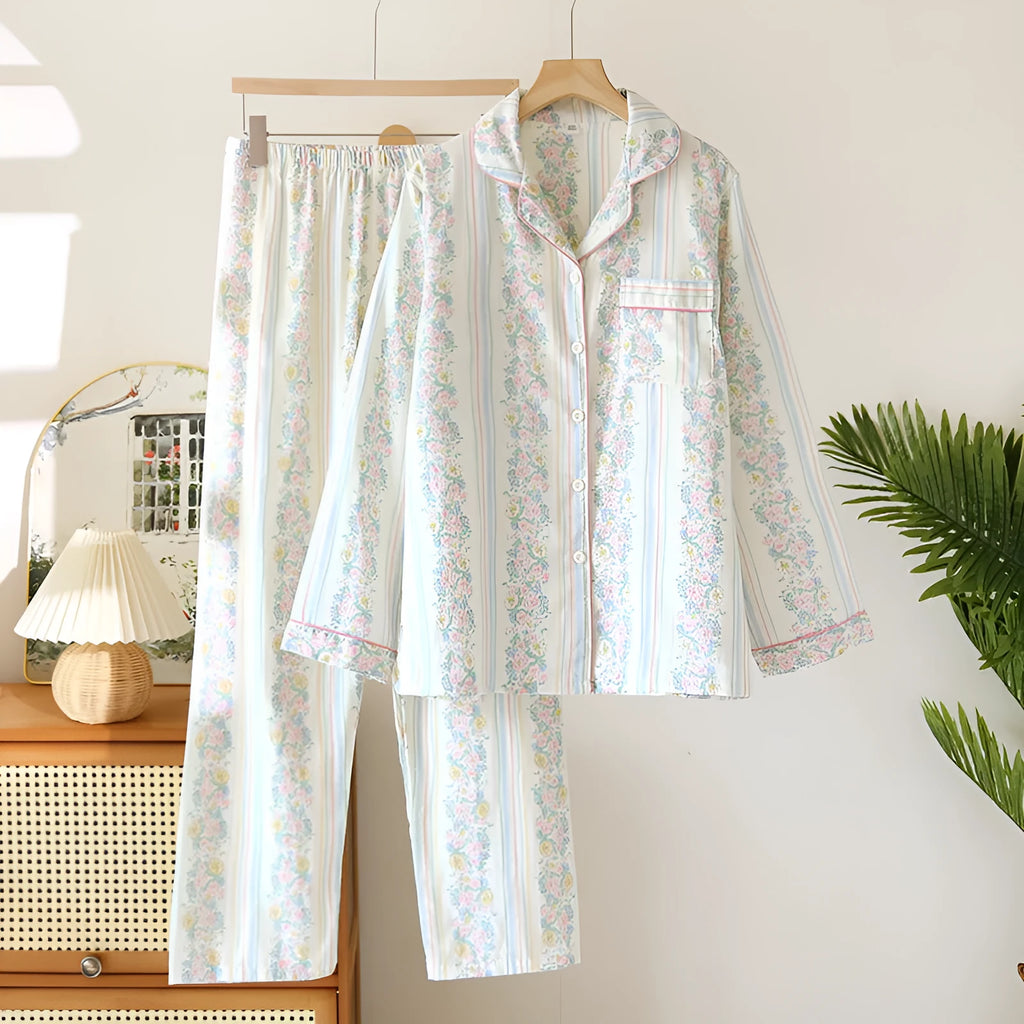 Ladies' cotton double-layer gauze homewear set with long sleeves and trousers in a striped or fruit print pattern.