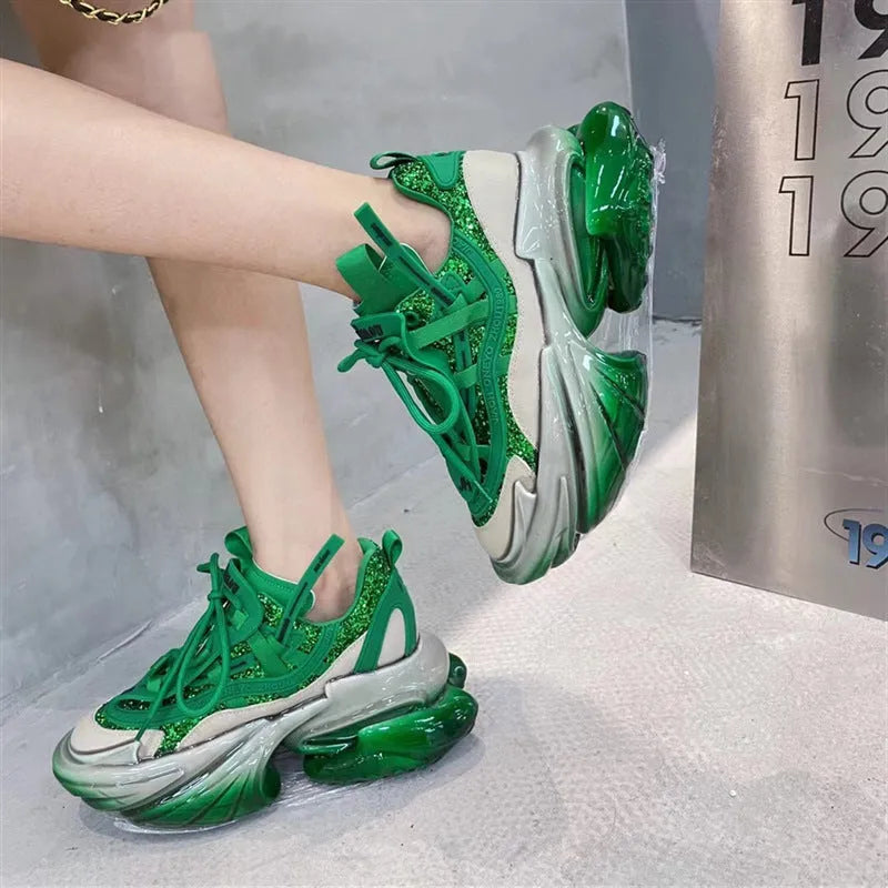 Women's leather sports shoes with thick jelly sole and cross-tie design in multiple colours