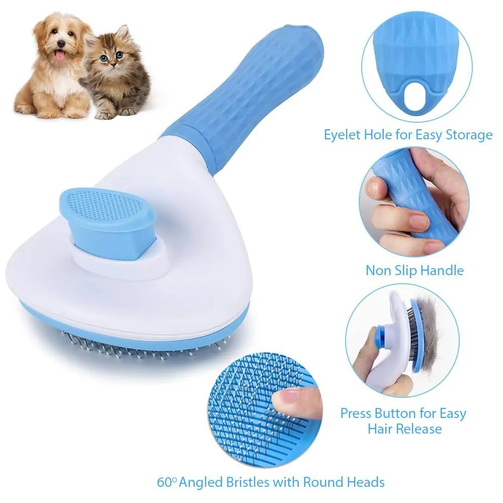 Cat grooming brush with release button in blue, grey or pink for removing loose fur and tangles