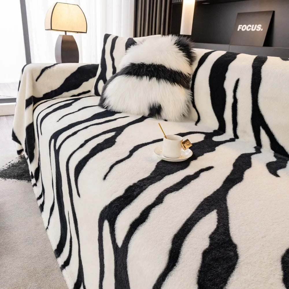 Zebra pattern flannel sofa cover on furniture in caramel colour with matching pillowcase