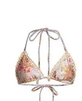 Women's creamy white floral print bikini set with detachable skirt for swimming