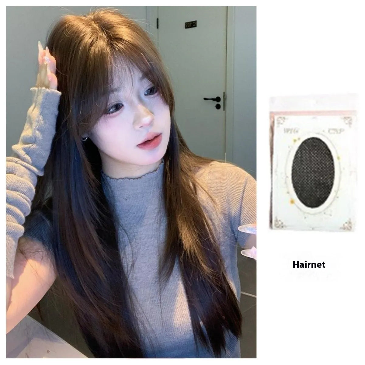 Cold brown layered long straight synthetic wig on a stand