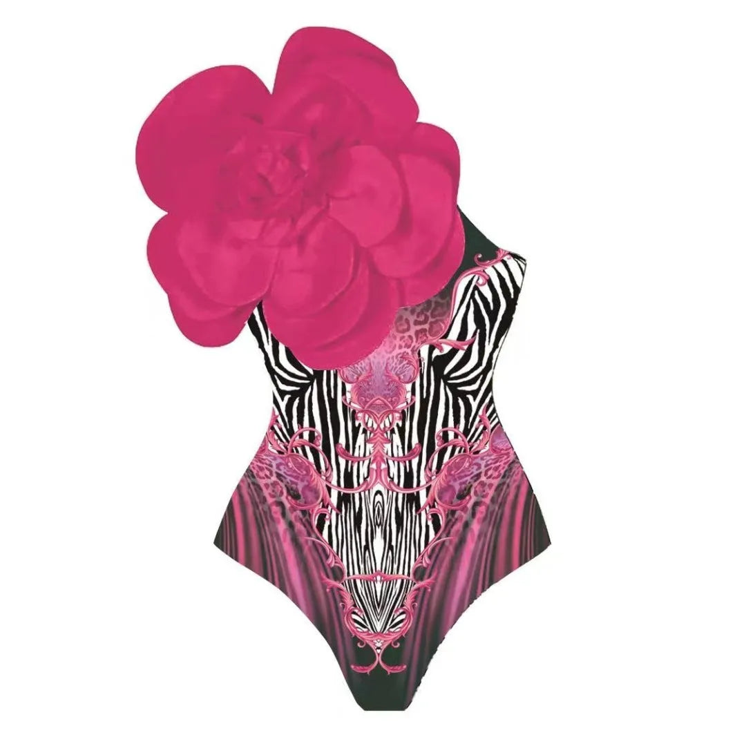 Women's floral print one-piece swimsuit with wrap skirt in polyester fabric