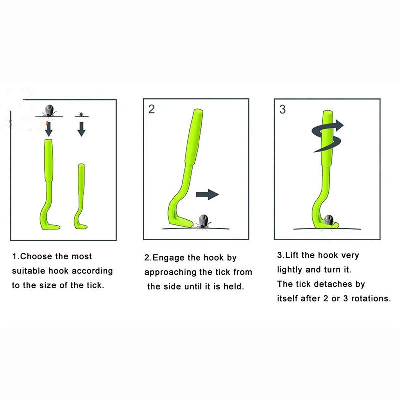 3 plastic tick removal tools for pets in blue and green colours