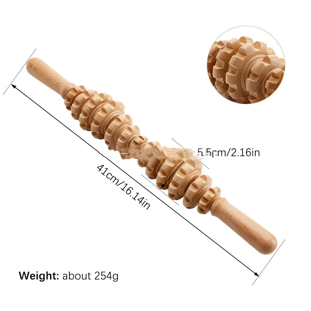Natural beech wood massage roller set with multiple wheel designs for lymphatic drainage and skin texture improvement