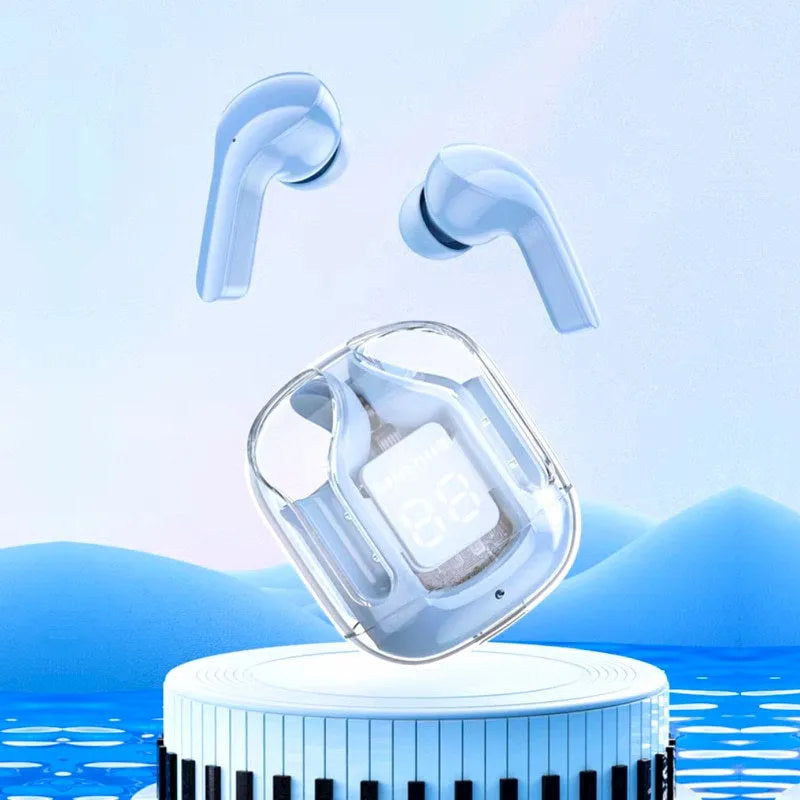 Jerry chip true wireless Bluetooth headphones in a transparent space capsule case, colour options shown