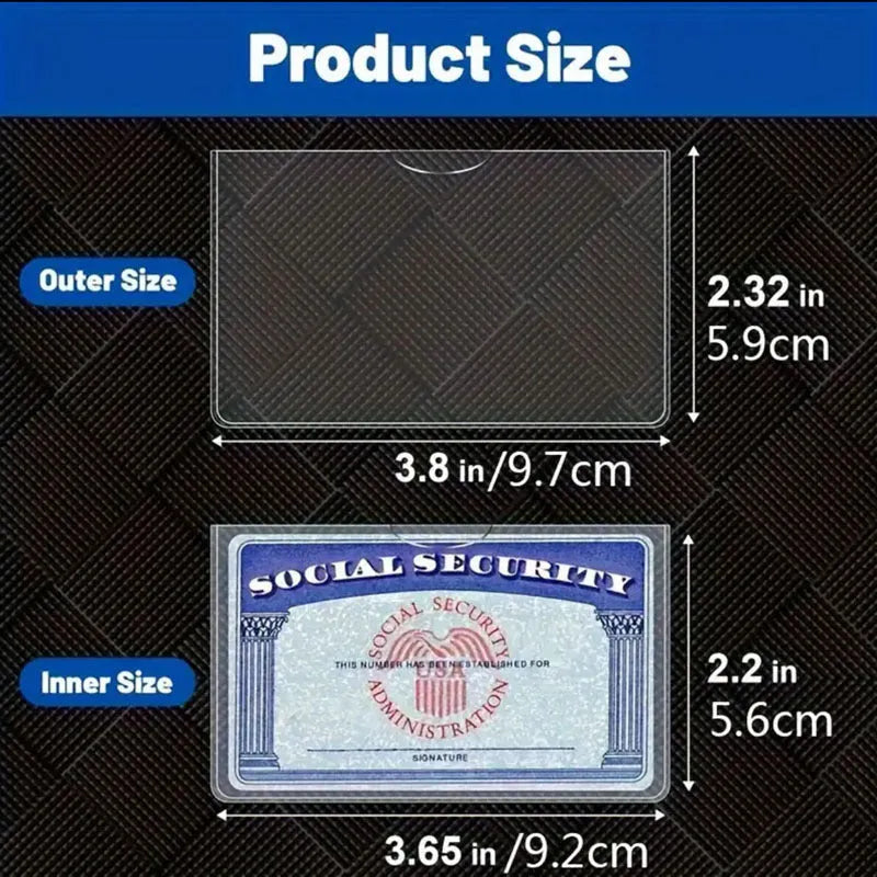 Clear PVC ID card holder showing social security card inside, measuring 9.7 by 5.9 centimetres