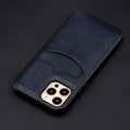 Dark blue PU leather protective case for iPhone on a table.