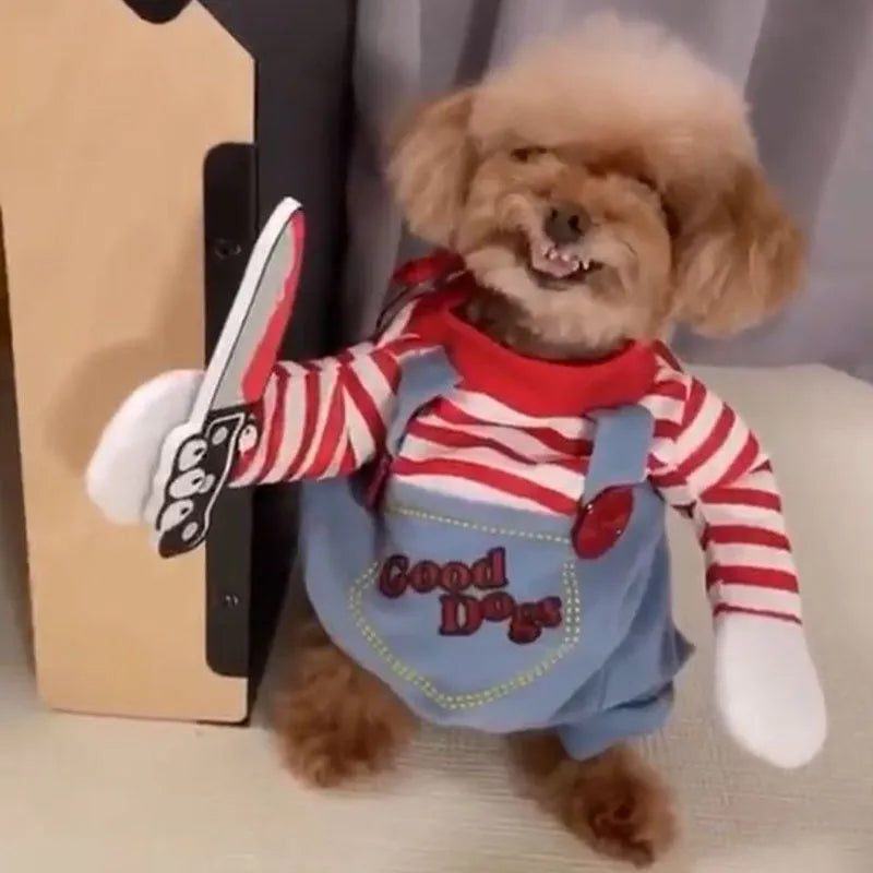 Brown dog wearing a polyester dagger costume with knife design, standing pose, autumn setting
