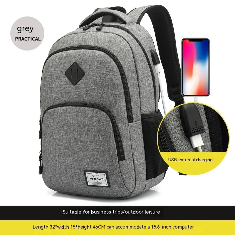 Lightweight grey nylon backpack with USB charging port and trolley case attachment slot.