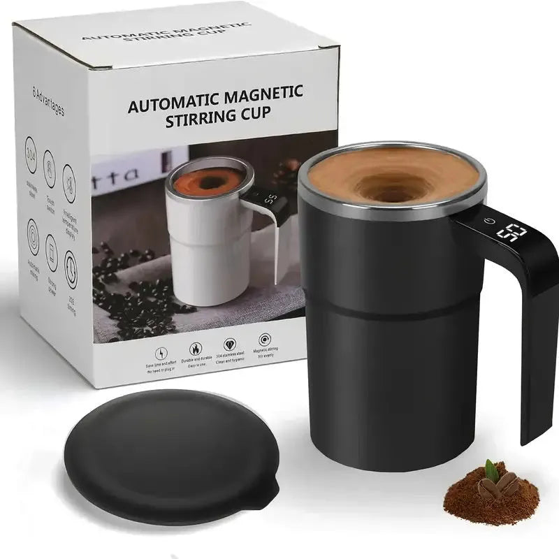 Rechargeable 380ml automatic stirring coffee mug with magnetic stirrer, temperature display, and stainless steel interior in black
